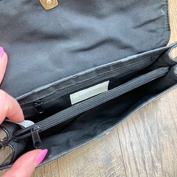 Vintage Y2K Mini Satchel Shoulder Bag Black Alligator Print Brass Chain Vegan - Picture 6 of 11